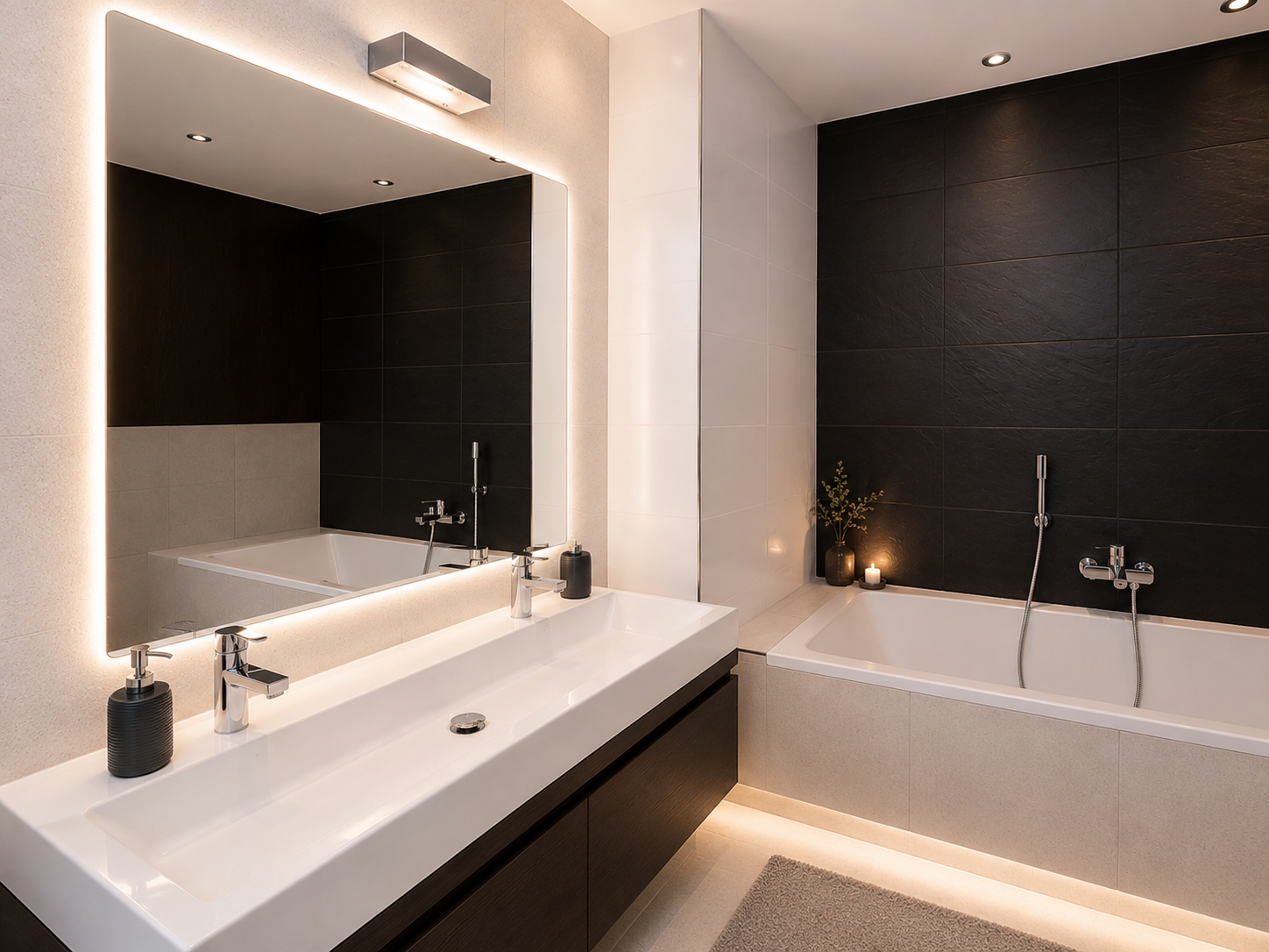 Modern bathroom with backlit mirror, black slate tile wall, dark wood vanity and built-in bathtub