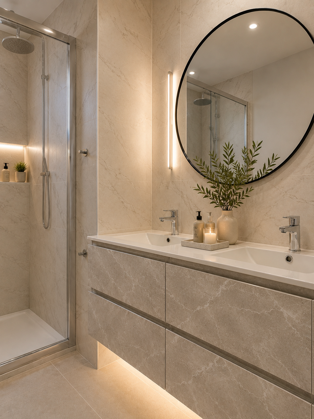 Beige marble bathroom with round black-framed mirror, double sink vanity and walk-in shower