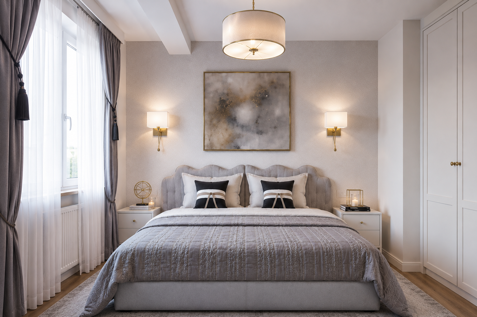 Elegant bedroom with grey tufted headboard, brass sconces, drum chandelier and abstract gold artwork