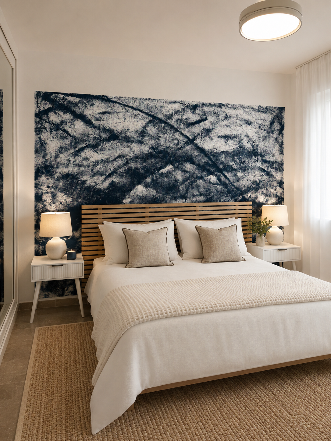 Bedroom with indigo abstract mural, slatted oak headboard, white linens and jute rug