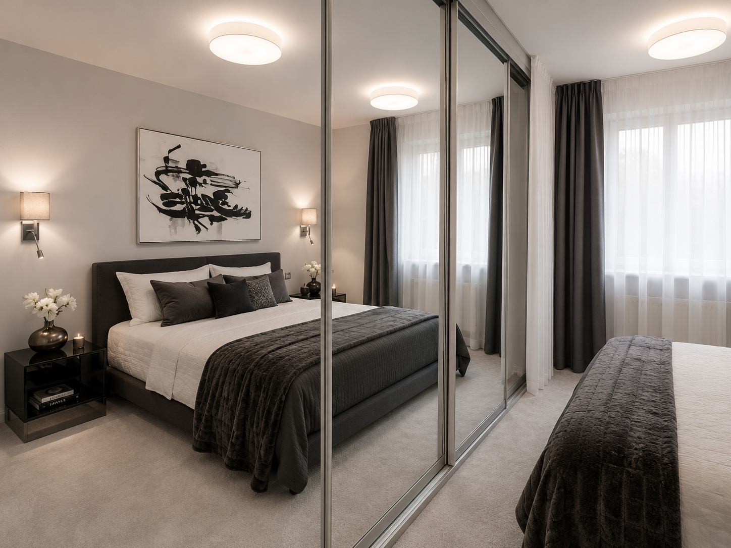 Contemporary bedroom with charcoal upholstered bed, abstract ink artwork and mirrored sliding wardrobe
