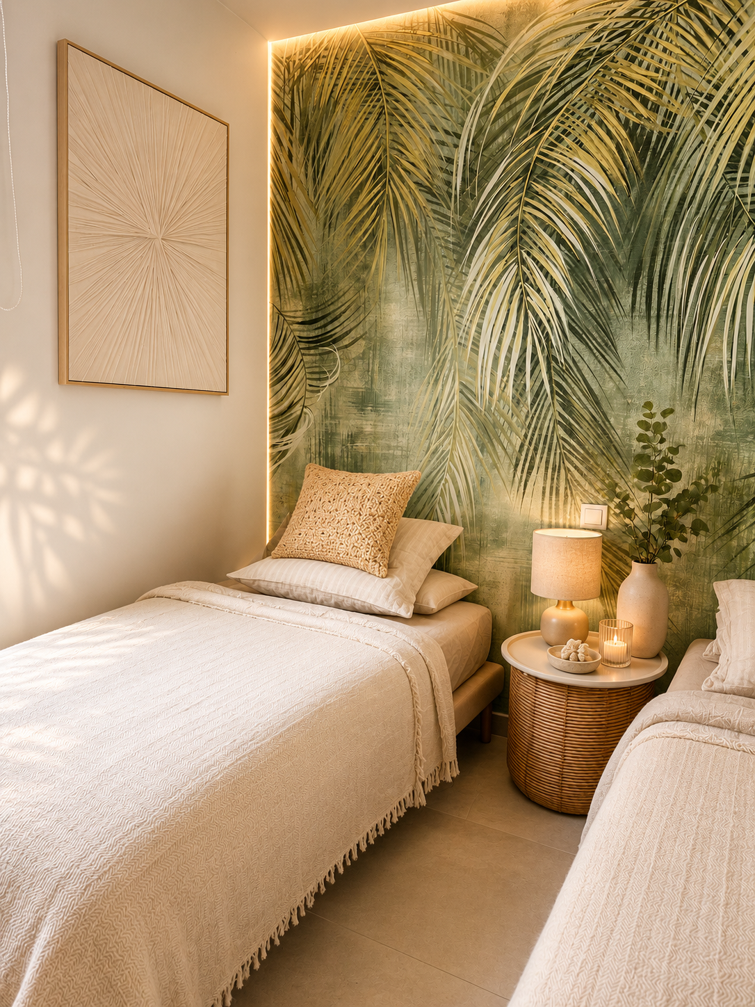 Twin beds against backlit green palm mural with rattan nightstand and warm lamp