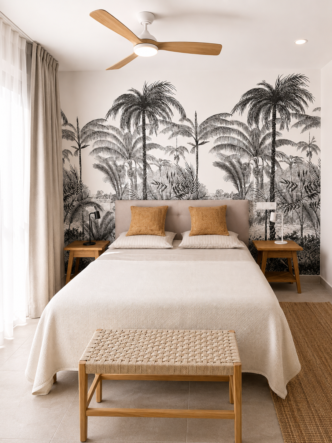 Bedroom with black-and-white palm mural, wooden ceiling fan and woven bench