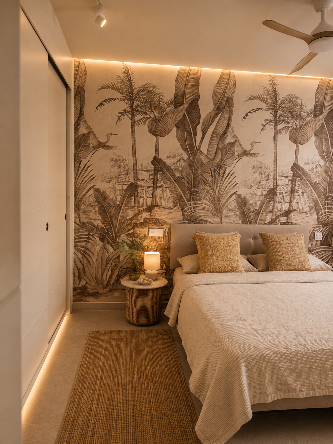 Bedroom with tropical mural wall, woven rug and rattan nightstand
