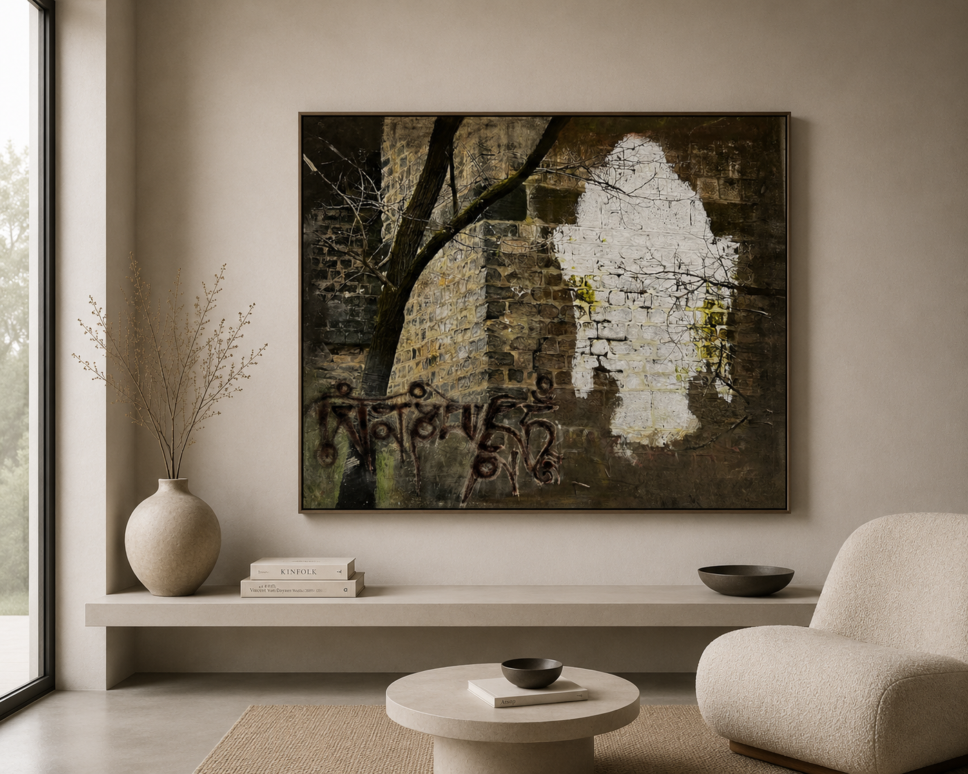 Painting of a brick wall with tree and Tibetan script