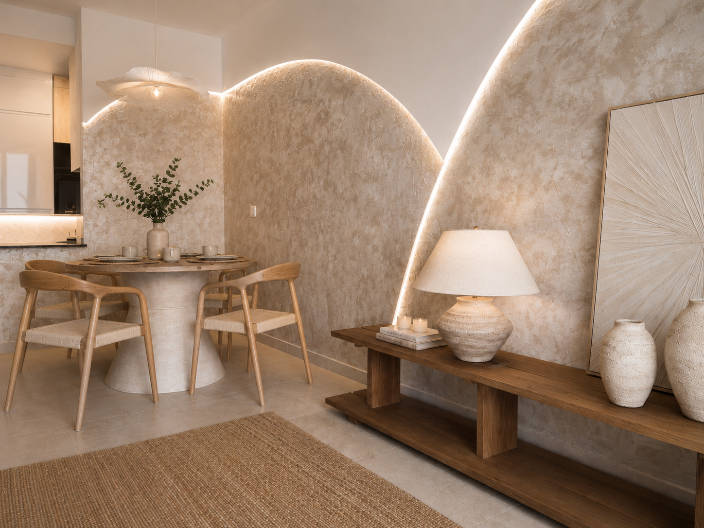 Dining nook with arched textured plaster walls, oak round table, woven chairs and travertine lamp