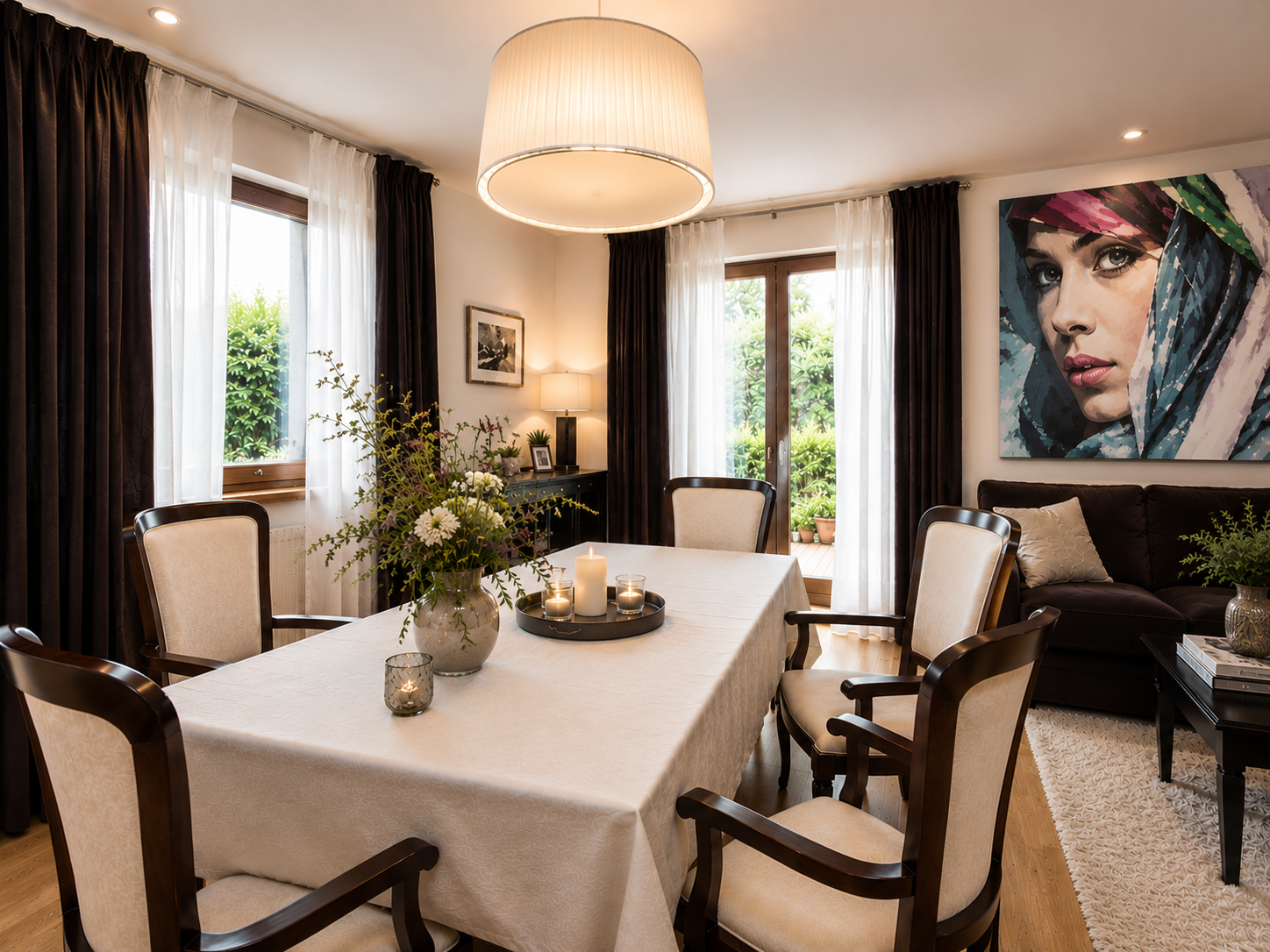 Dining and living room with dark velvet curtains, cream tablecloth, dark wood chairs and large portrait artwork