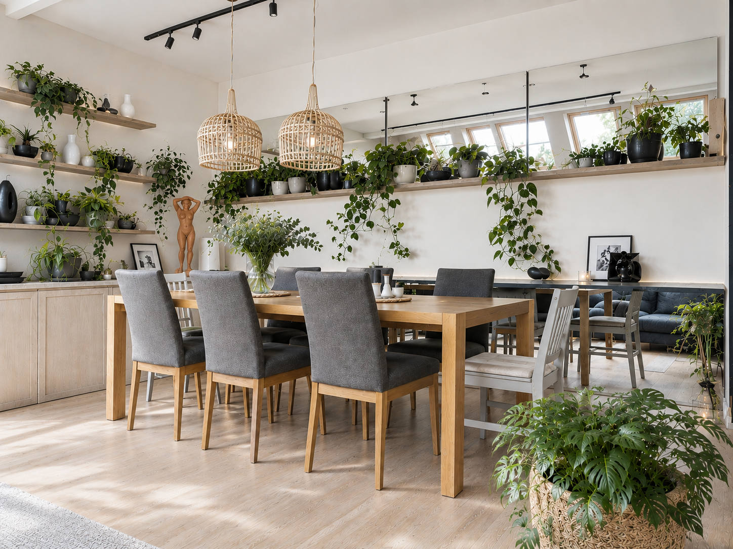 Bright dining room with long oak table, grey upholstered chairs, twin rattan pendant lamps and abundant shelves of cascading plants