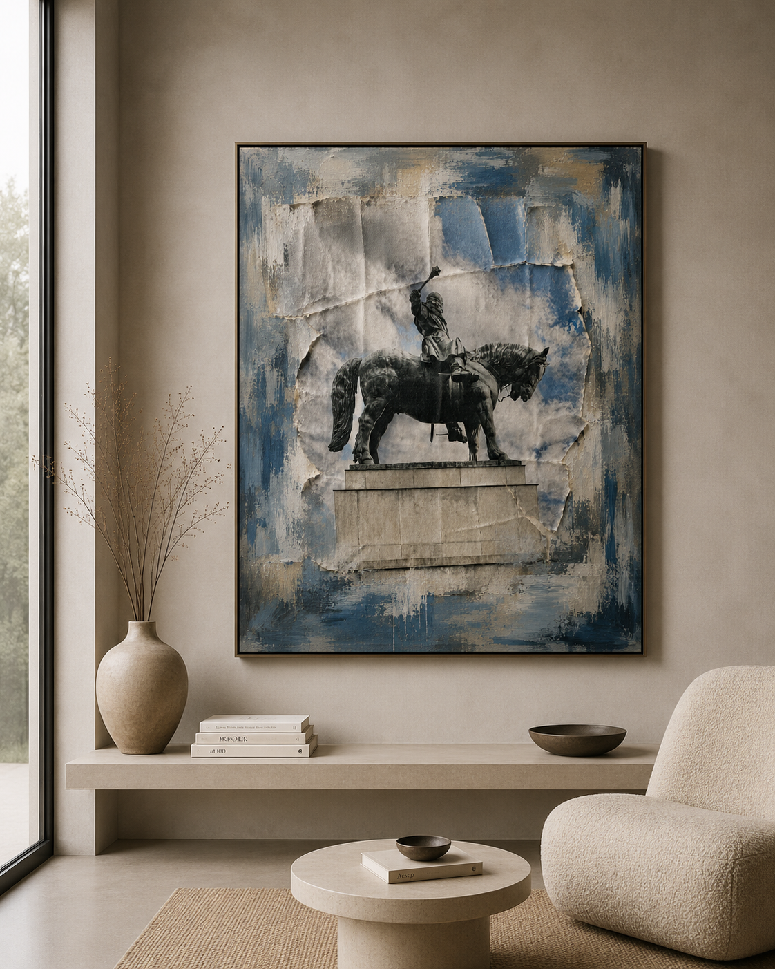 Textured painting of an equestrian statue on a blue background