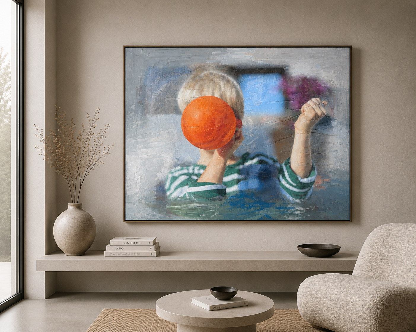 Painting of a figure with orange balloon in green stripes
