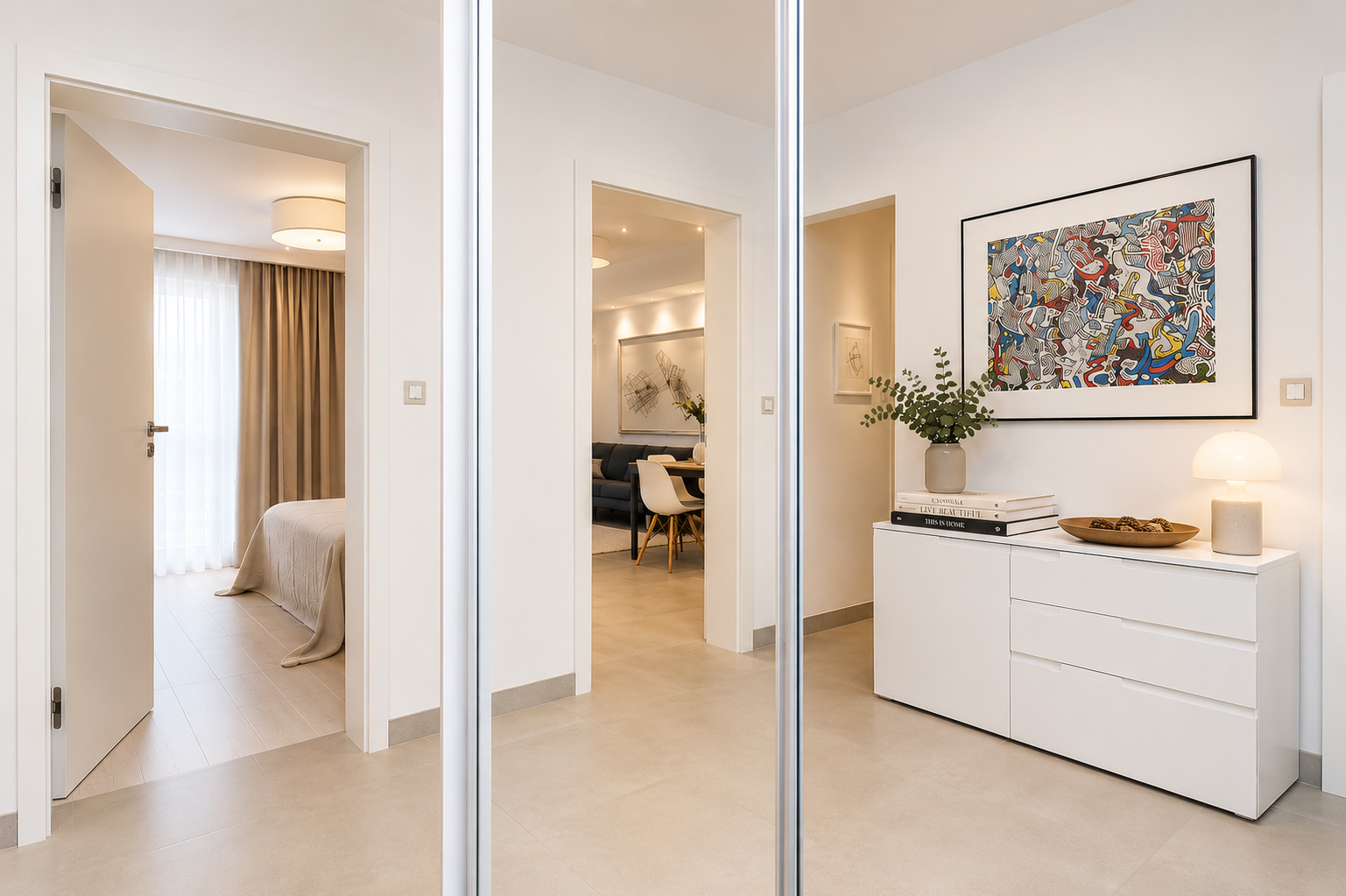 Bright entryway with mirrored sliding wardrobe, white sideboard, table lamp and colorful Jean Dubuffet-style framed artwork, view into bedroom and dining area