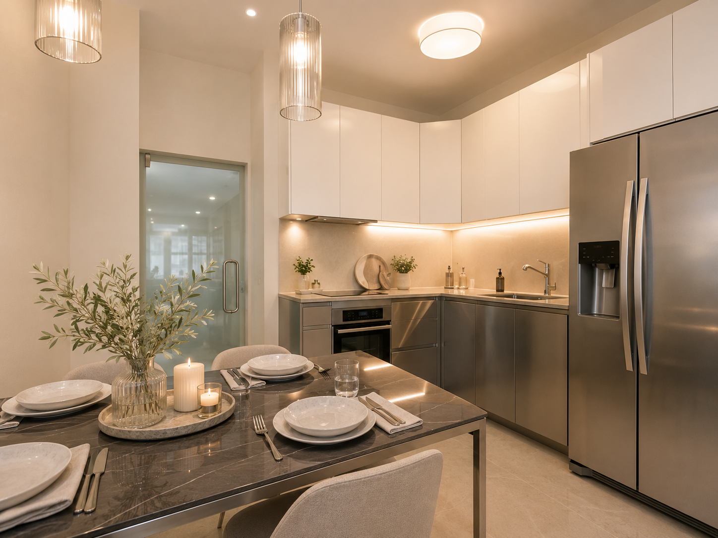 Warm modern kitchen with stainless steel cabinets, white uppers and marble dining table set for dinner