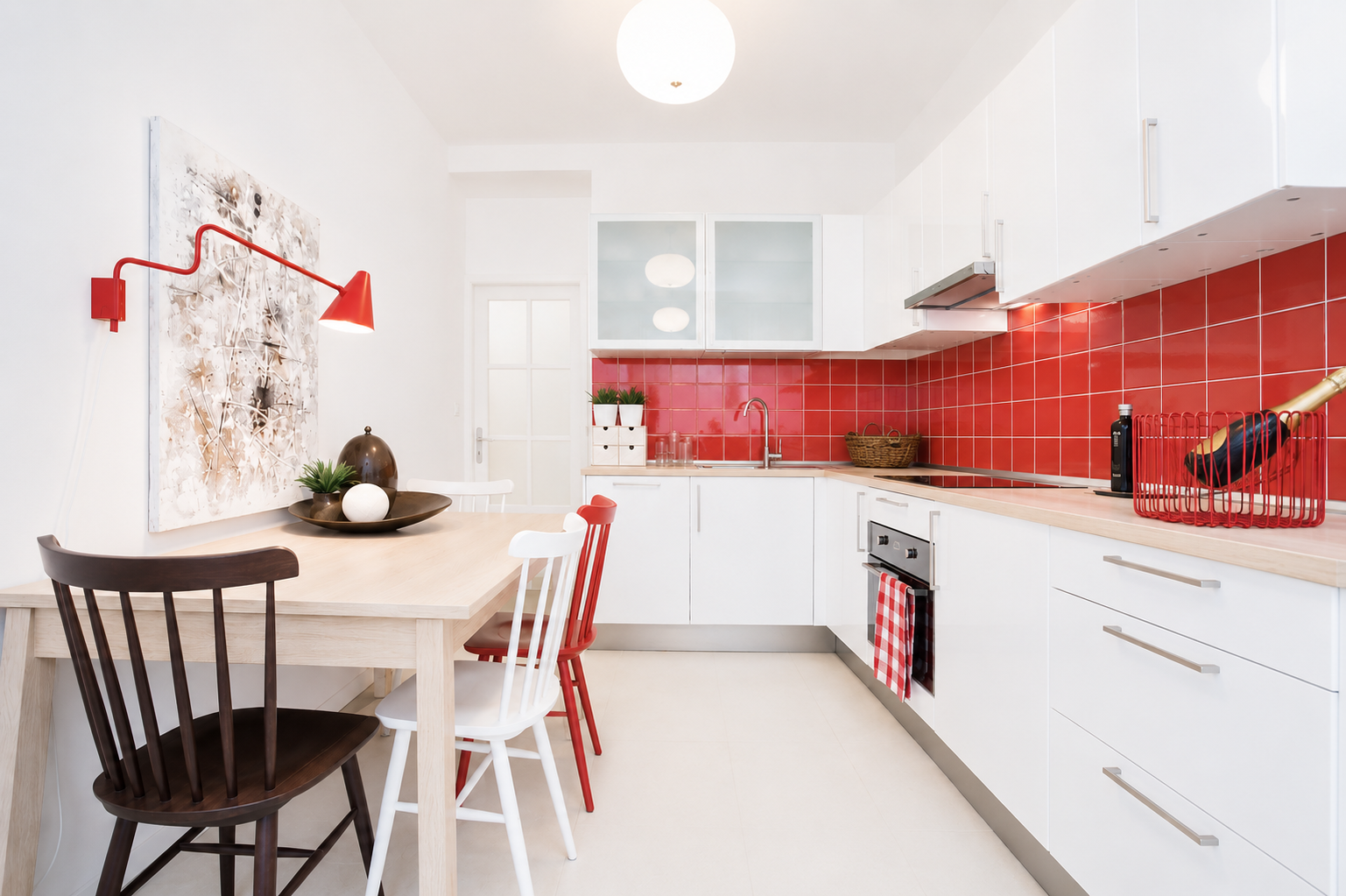 Bright white kitchen with red glossy tile backsplash, light oak countertops, red wall lamp and mixed dining chairs
