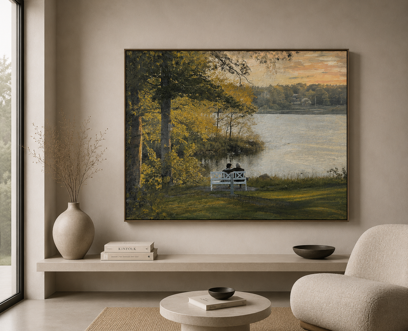 Painting of two figures on a bench by a lakeside at evening