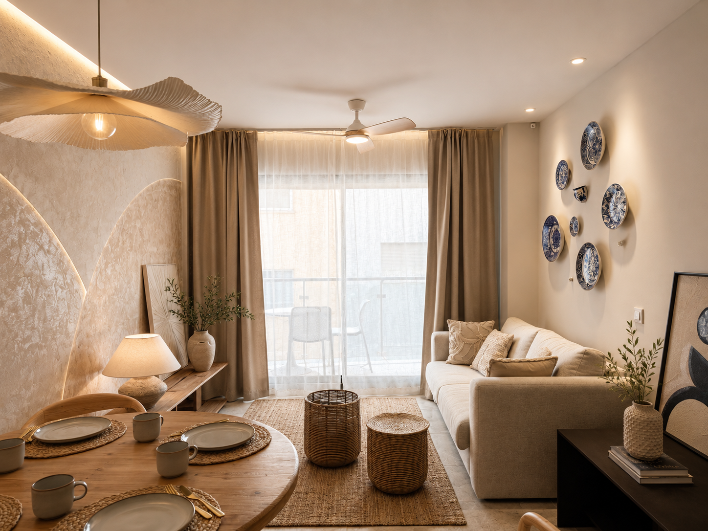 Boho living and dining room with shell pendant lamp, beige curtains and decorative plates