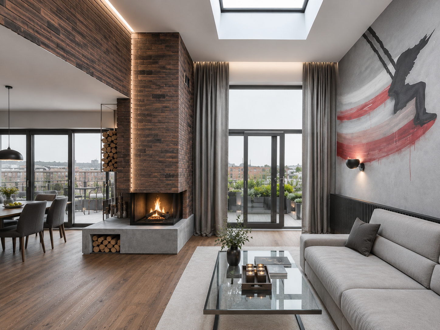 Loft living room with brick fireplace column, skylight, grey sofa and bold red and black mural