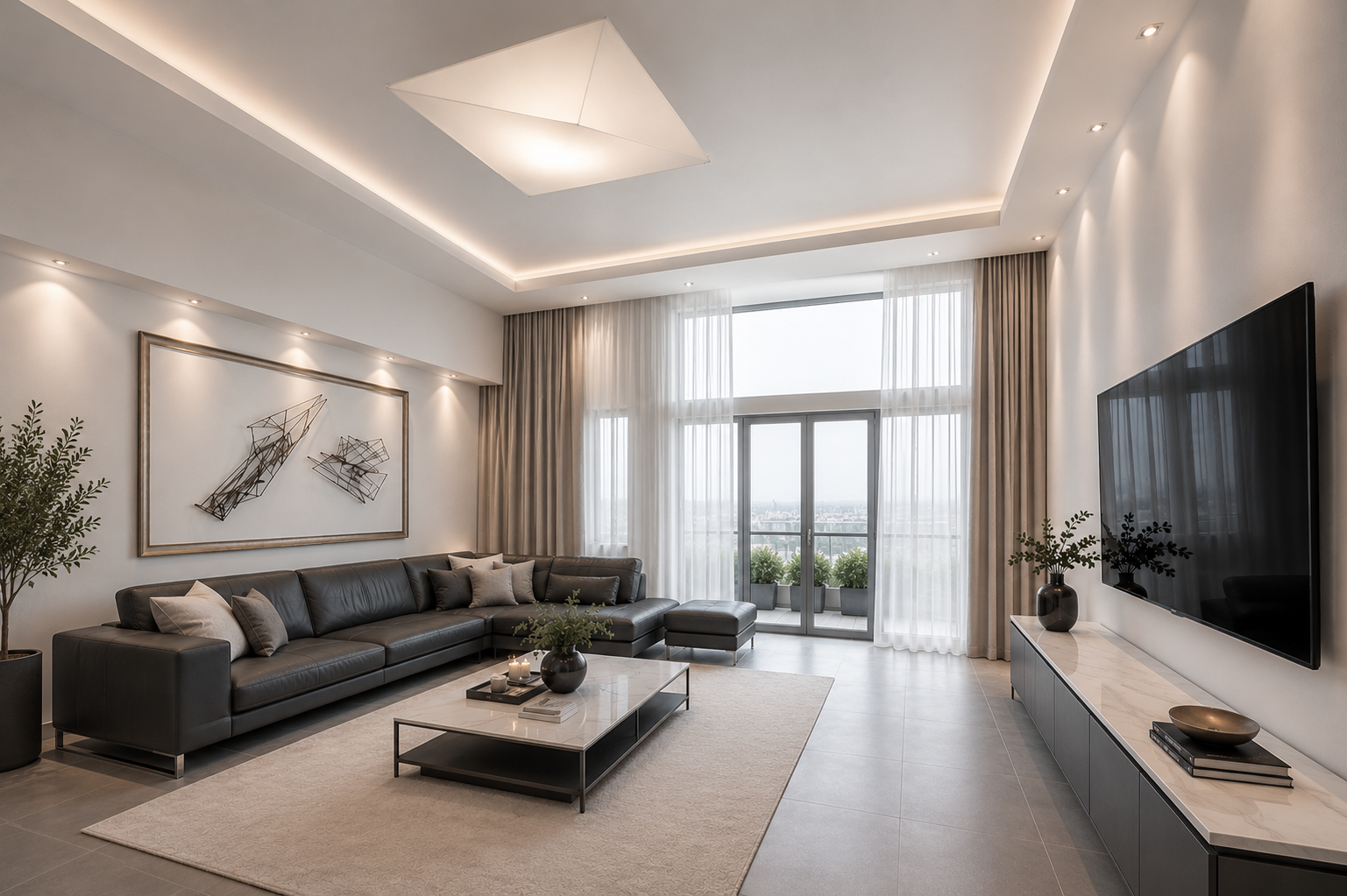 Penthouse living room with grey leather sectional, marble coffee table, cove lighting and city view