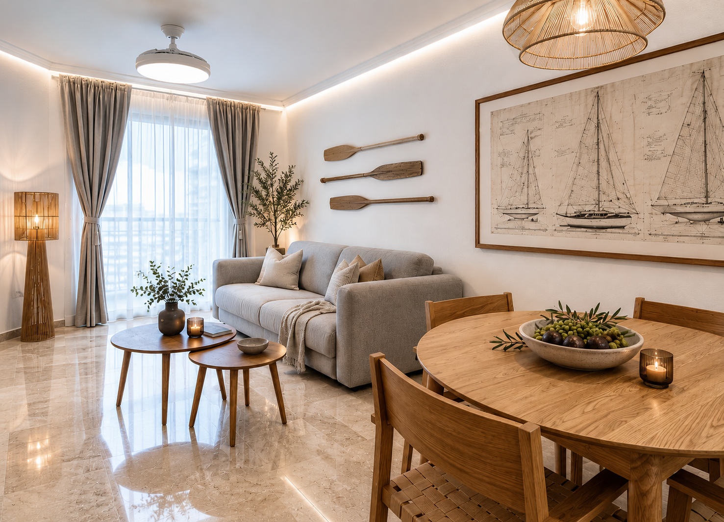 Coastal living and dining room with grey sofa, rattan pendant lamp, wooden oars wall decor and large framed sailboat blueprint artwork
