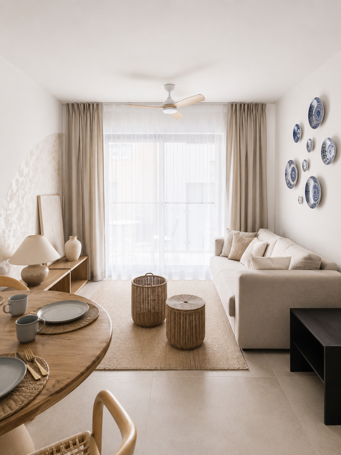 Bright living and dining room with linen sofa, rattan baskets and blue decorative plates