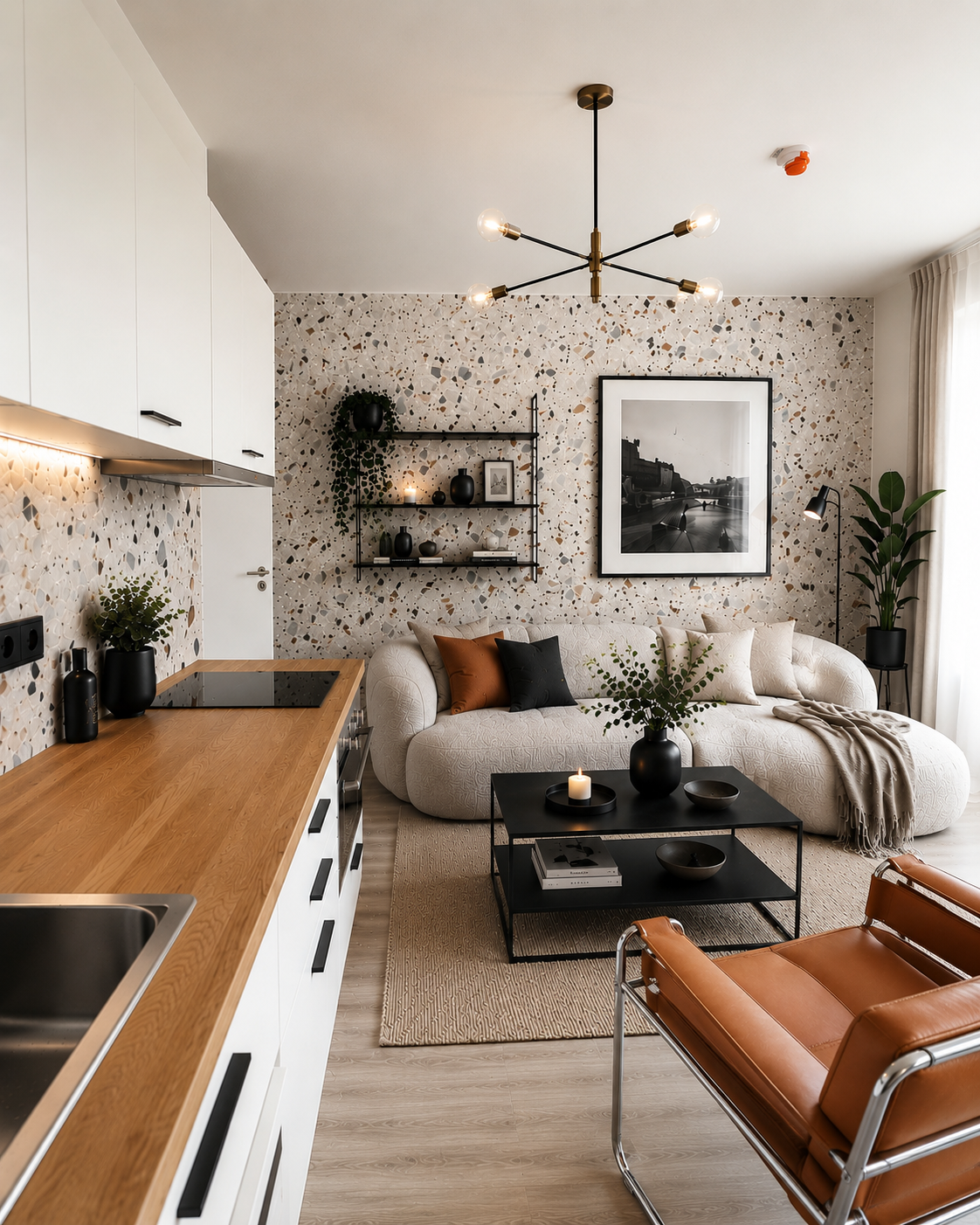 Open-plan kitchen and living room with terrazzo accent wall, curved boucle sofa, black coffee table and tan leather Wassily chair
