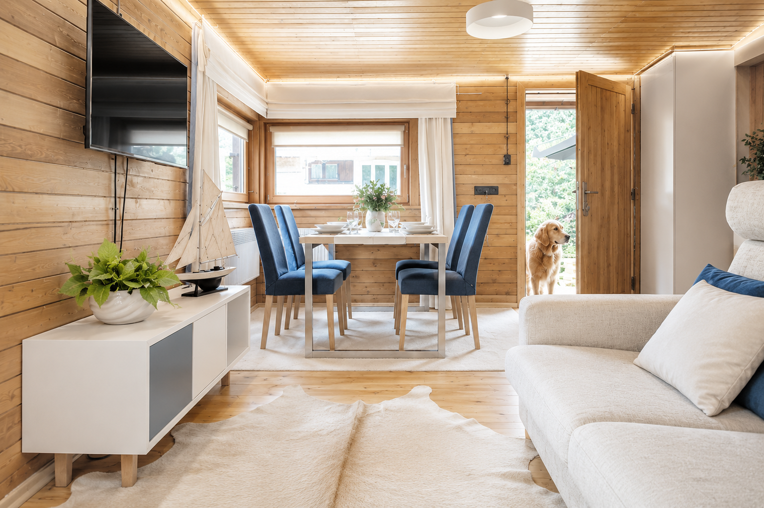 Wood-paneled cabin living and dining room with blue upholstered chairs, white sideboard, cowhide rug and golden retriever in doorway