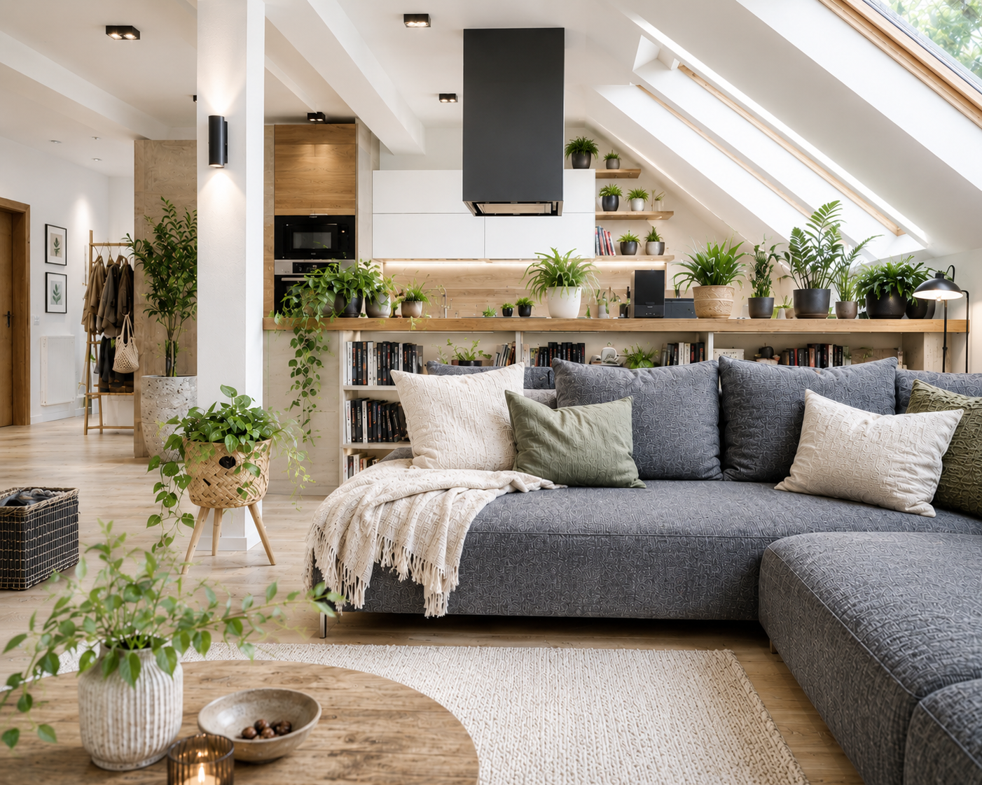 Attic loft living room with grey textured sectional sofa, cream throw, wooden coffee table, built-in bookshelves and abundant potted plants under skylights