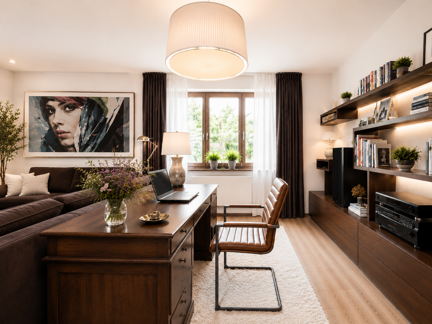 Home office with dark wood desk, brown leather chair, illuminated walnut shelving and large portrait artwork
