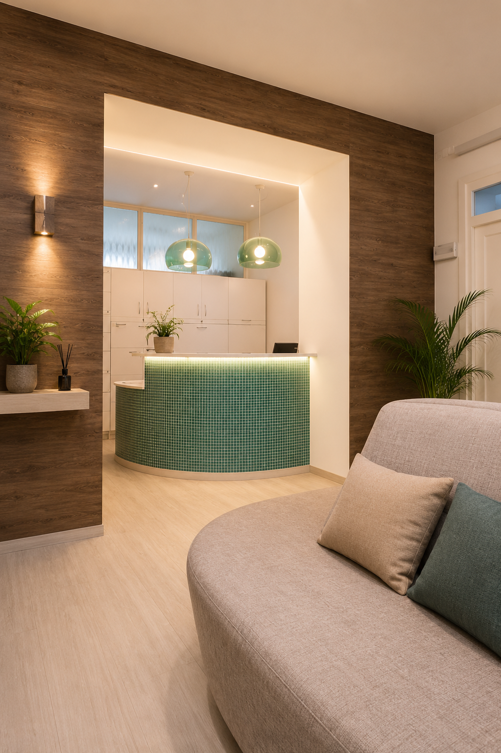 Reception area with curved green mosaic counter, glass pendant lamps, wood-paneled walls and curved beige sofa