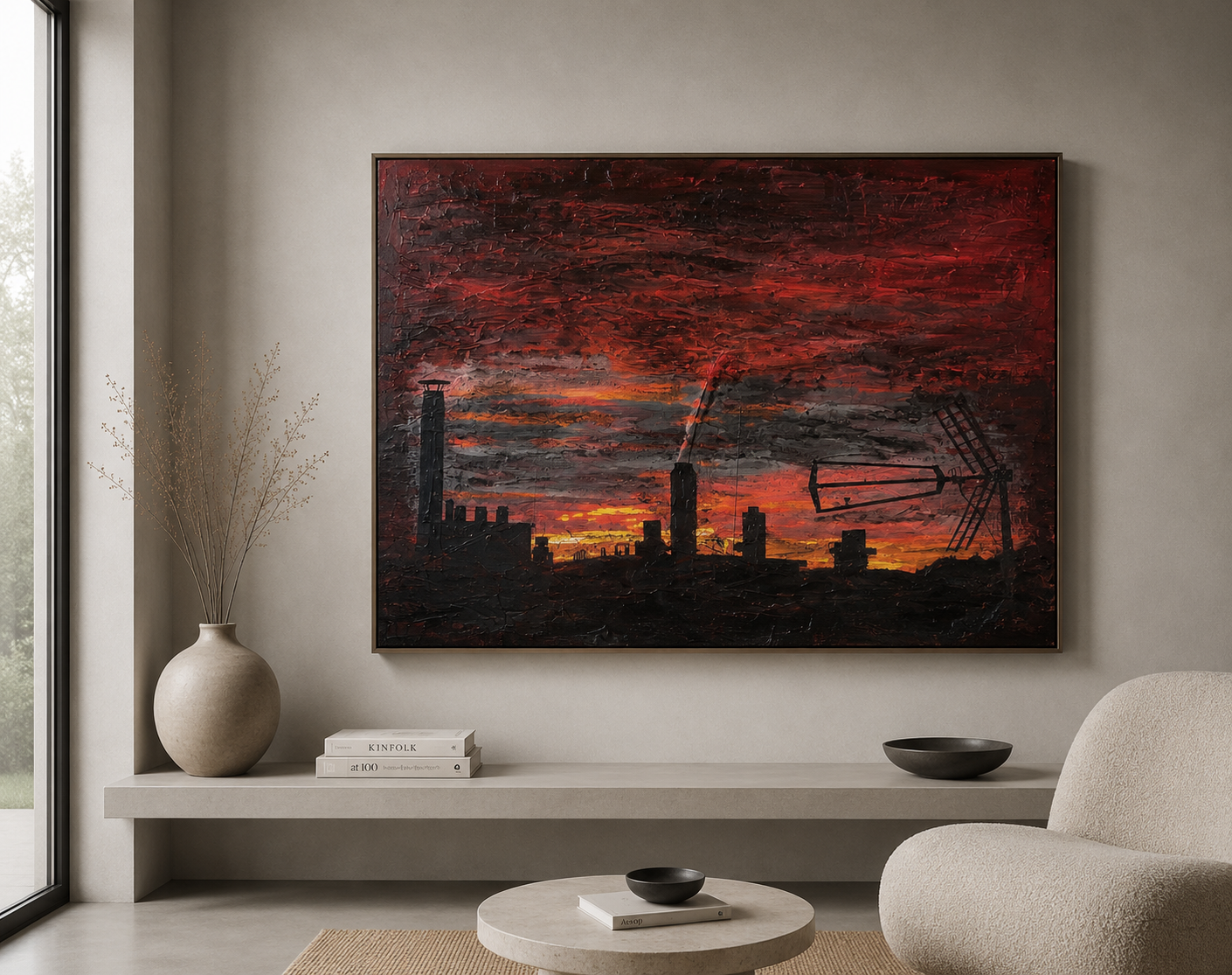 Textured painting of an industrial skyline at red sunset