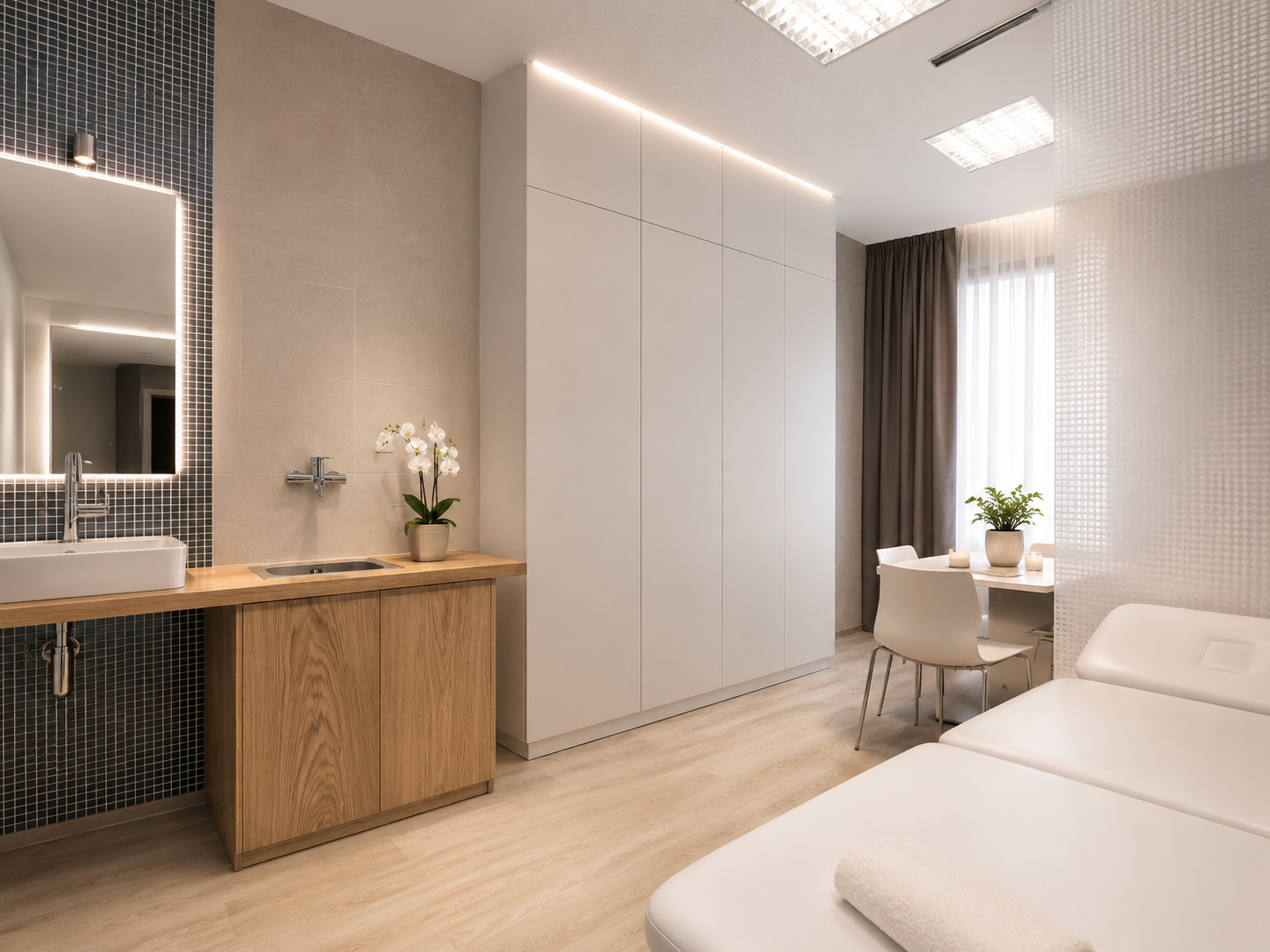 Minimal spa treatment room with backlit mirror, mosaic tile wall, oak vanity and white treatment bed