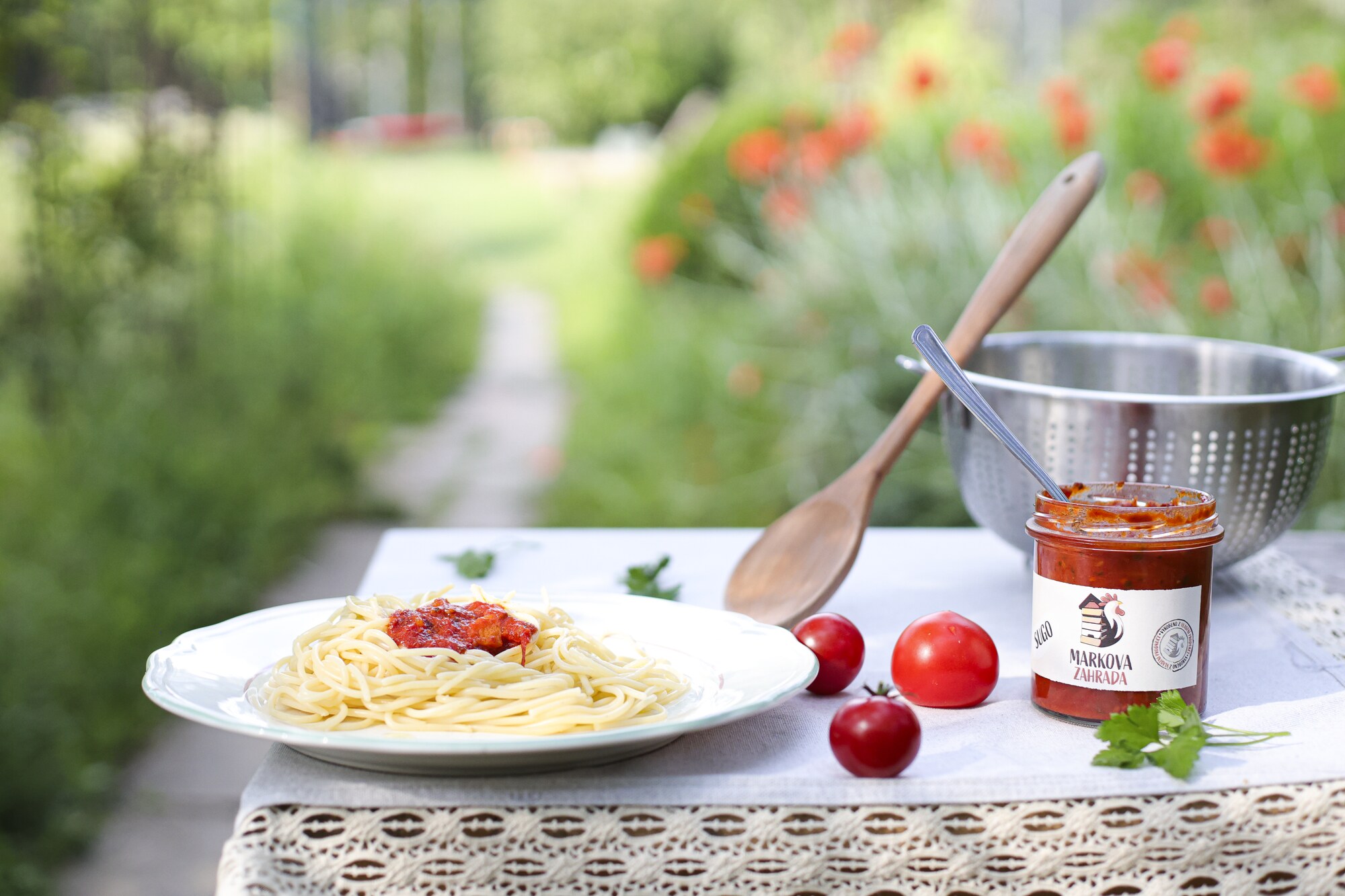 Sugo pasta dish photographed in the garden at Markova zahrada