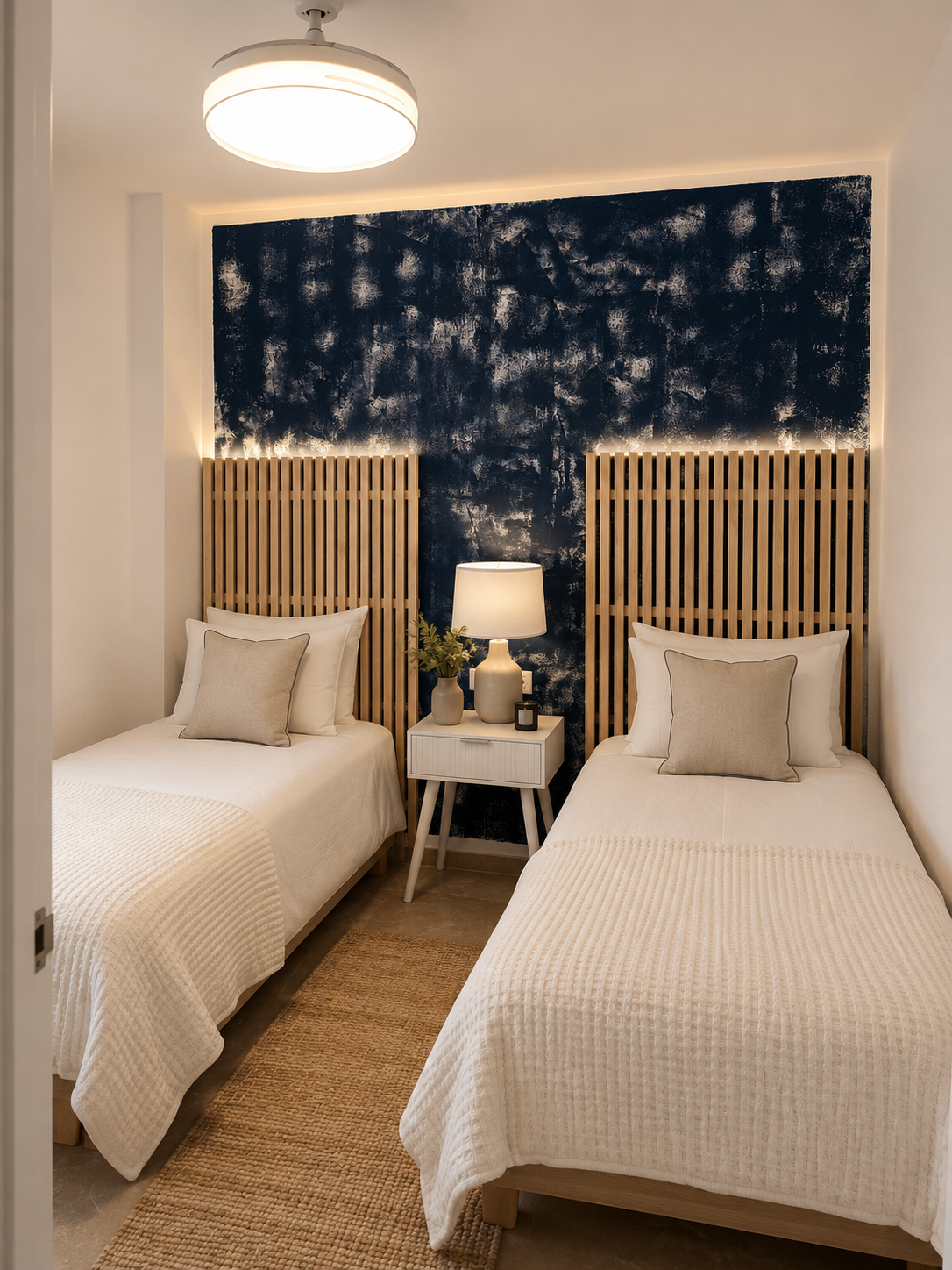 Twin bedroom with indigo textured mural, oak slat headboards and shared white nightstand